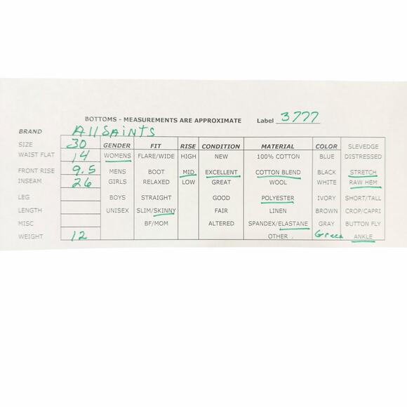 All Saints Grace Green Stretch Skinny Jeans Raw Hem Mid Rise Casual Size 30 - Picture 3 of 11